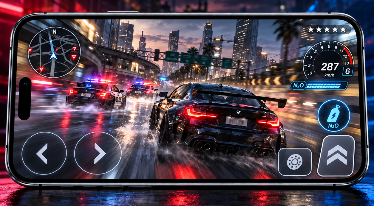 Mockup de celular na horizontal mostrando uma corrida de carros e perseguição policial